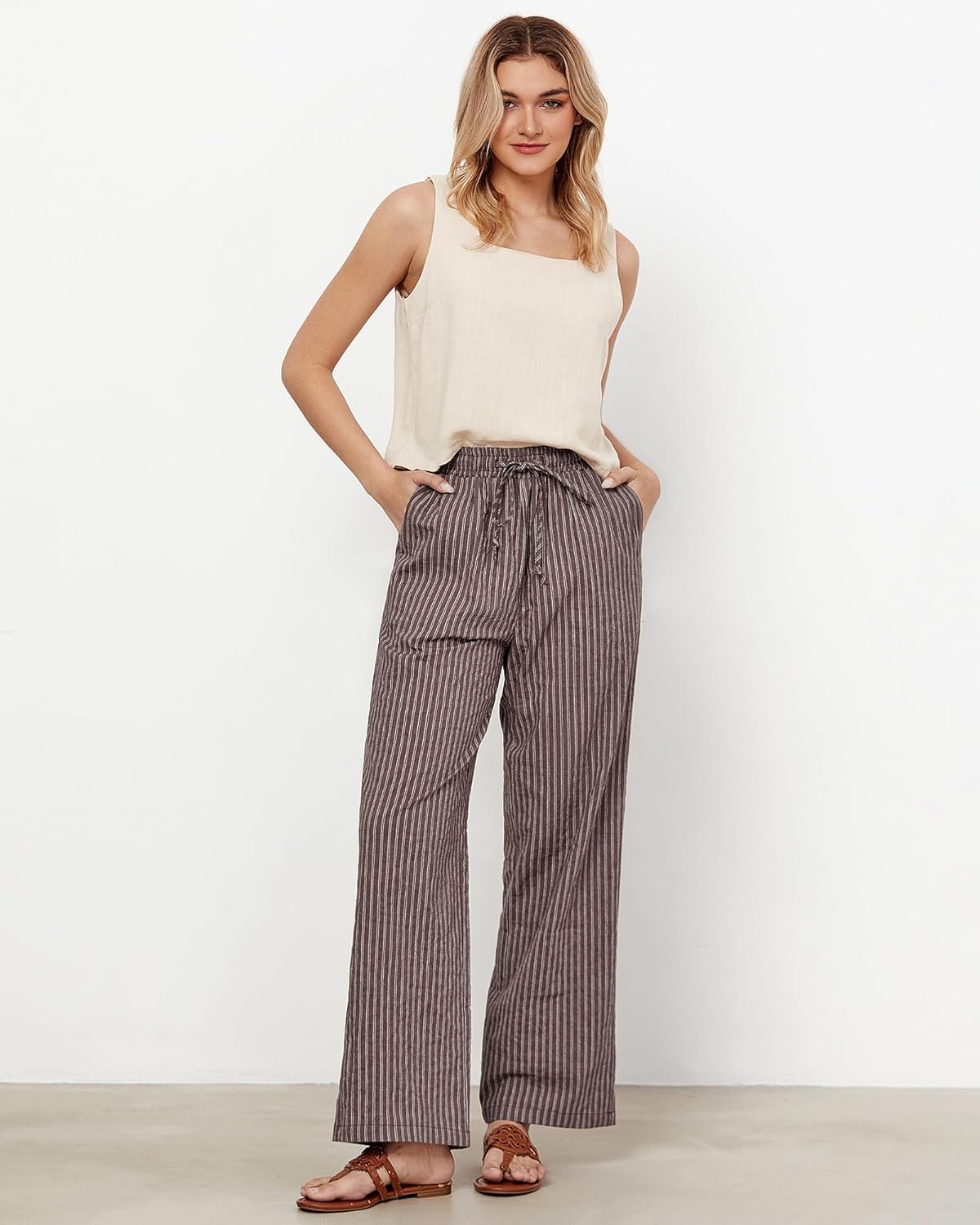 Julie Pantalone Donna Rayé Lin – Linea Large, Vita Alta Elastica Estate Chic