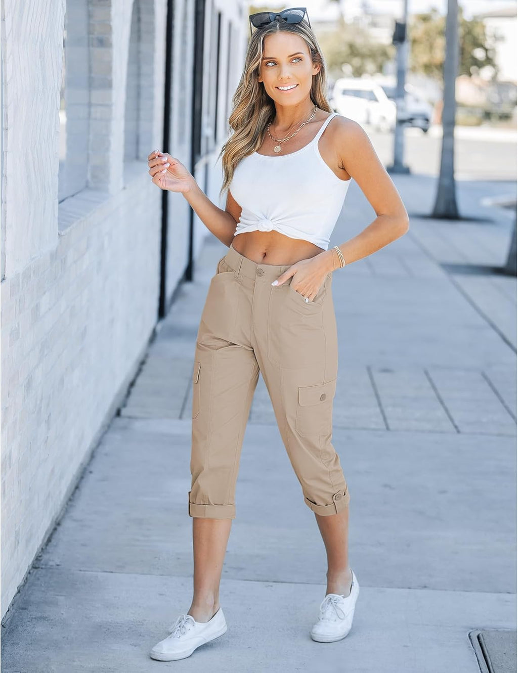 Laurice Pantalone Donna Cargo Capri – Vita Alta Elastica, Multi Tasche Casual