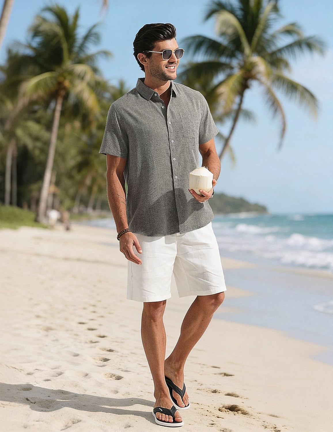 Léo Camicia Uomo – Camicia Lin Maniche Corte, Respirante & Style Estate Casual