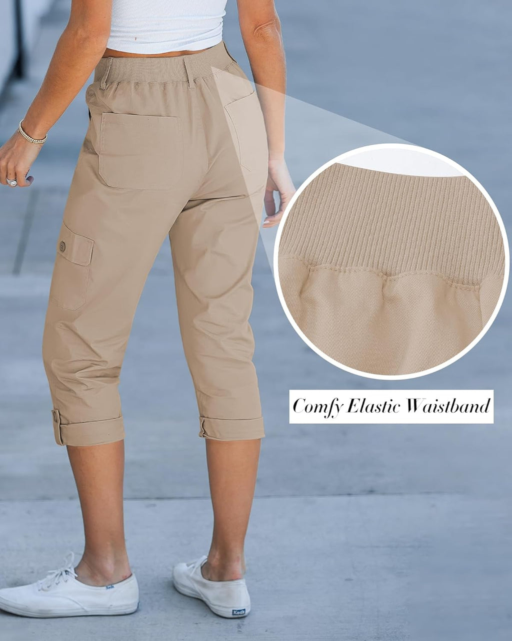 Laurice Pantalone Donna Cargo Capri – Vita Alta Elastica, Multi Tasche Casual