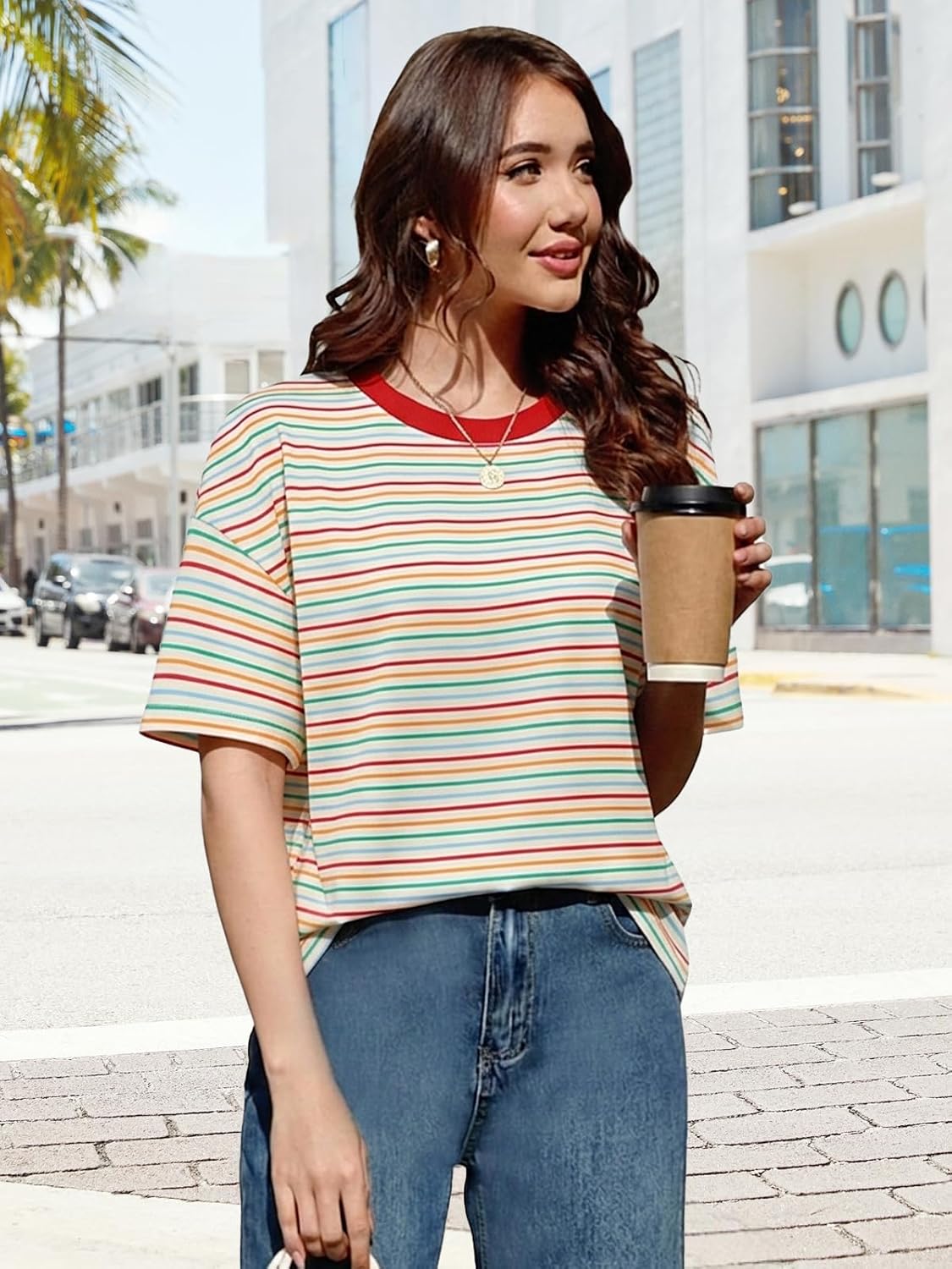 Léa T-Shirt Donna Oversize Rayé – Top Ampia Girocollo Maniche Corte Estate Chic