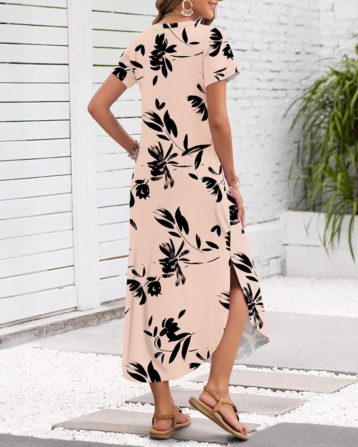 Laura Abito Maxi Donna Estate – Abito Longue Scollo a V con Fente, Maniche Corte & Tasche Confortevoli