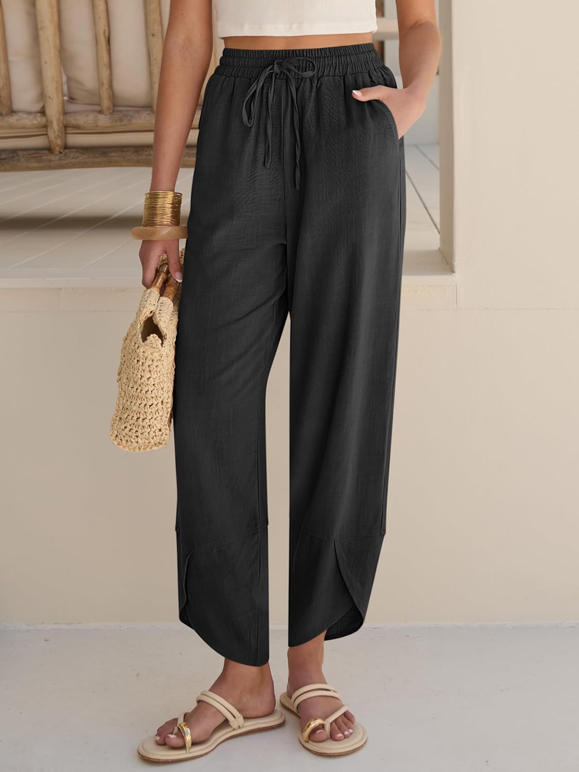 Vivian Pantalone Donna – Capri Palazzo Large Vita Elastica & Tasche Estate
