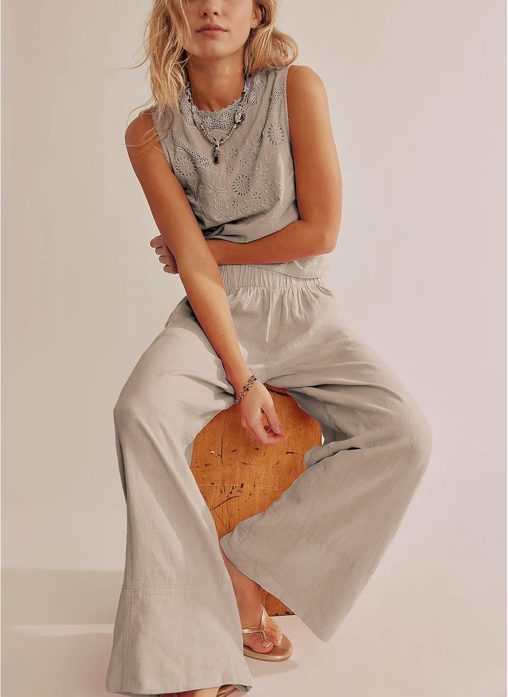 Milan Pantalone Donna – Pantalone Lin Palazzo Large Vita Elastica & Tasche