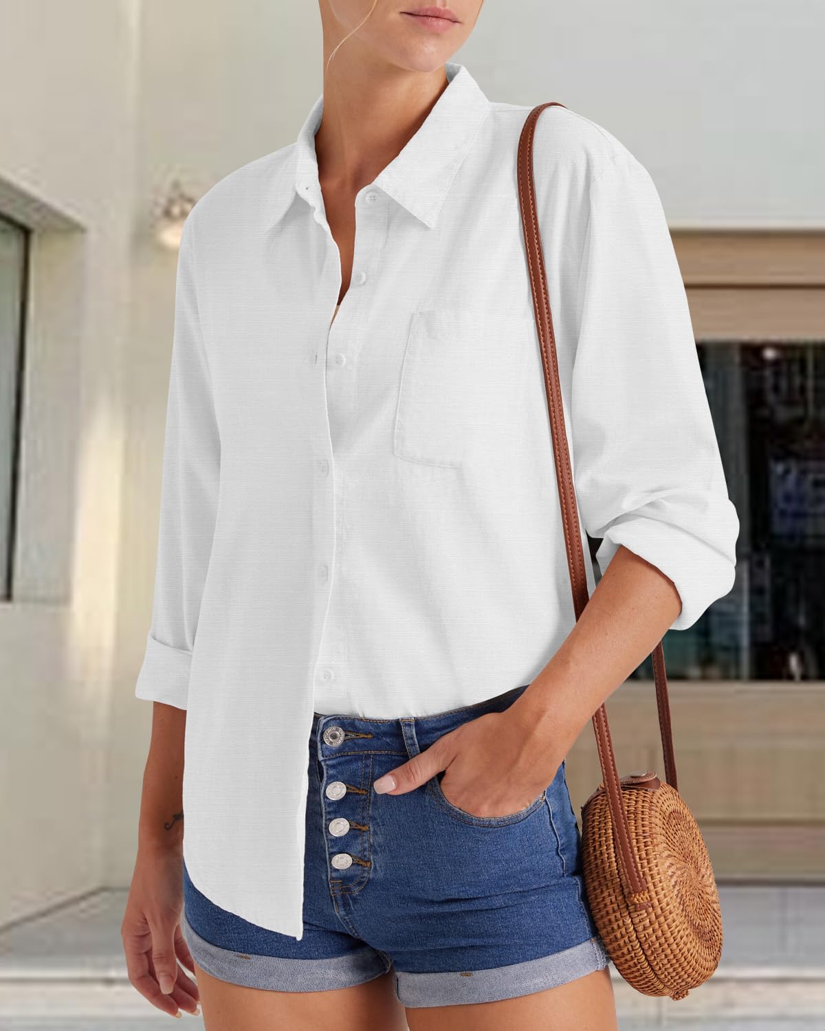 Laura Camicetta Donna Cotone – Scollo a V, Maniche Lunghe, Vestibilità Ampia Boutonnée Estate