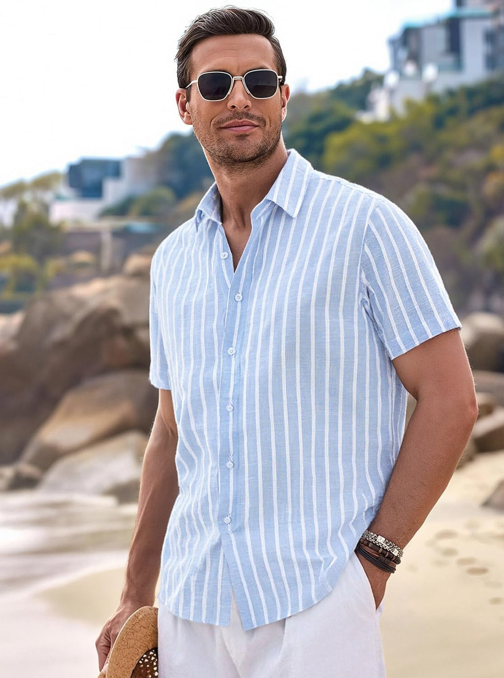 Marco Camicia Uomo – Camicia Lin Rayée Maniche Corte, Style Estate Casual Chic
