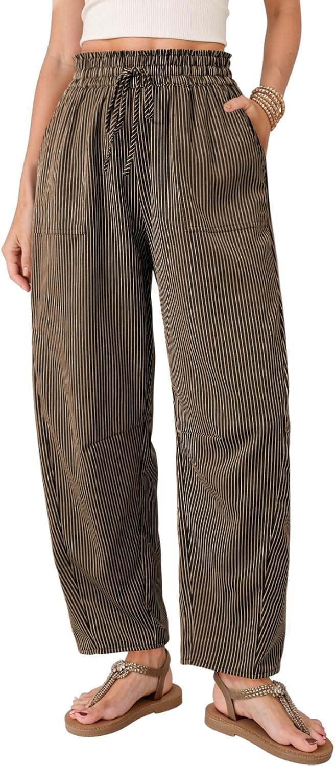 Inès Pantalone Donna – Pantalone Barrel Rayé Vita Alta & Cordon Estate