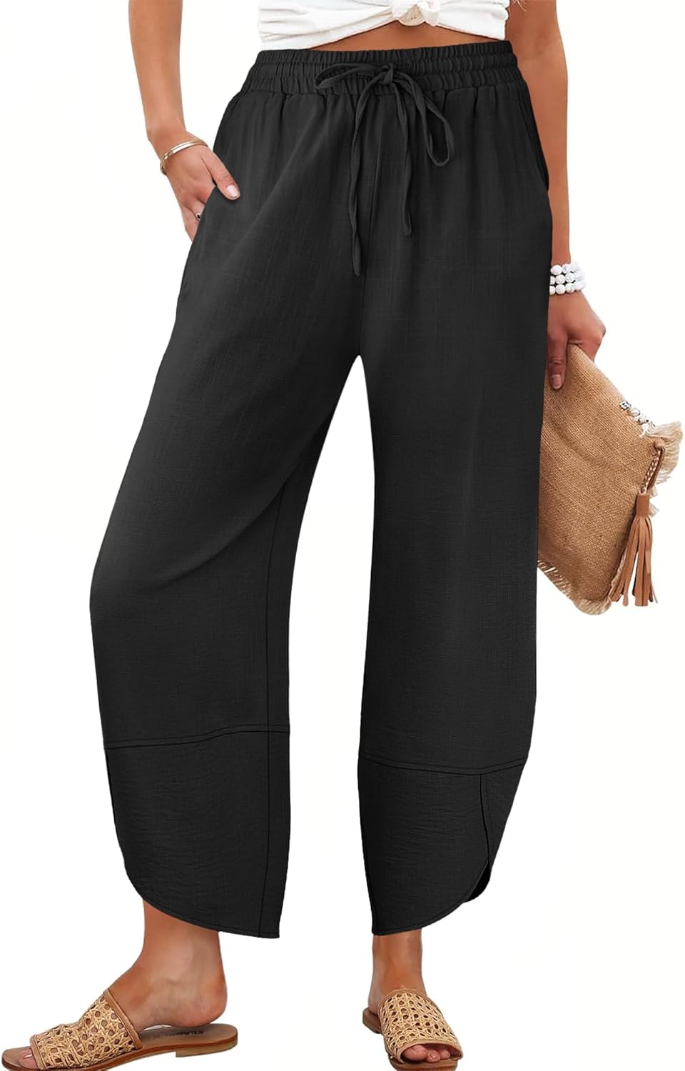 Vivian Pantalone Donna – Capri Palazzo Large Vita Elastica & Tasche Estate