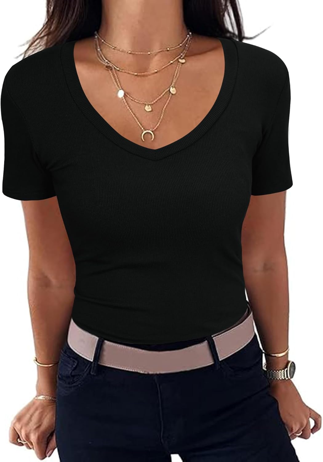 Sherry T-Shirt Donna Scollo a V – Linea Slim Côtelée Stretch, Maniche Corte Estate