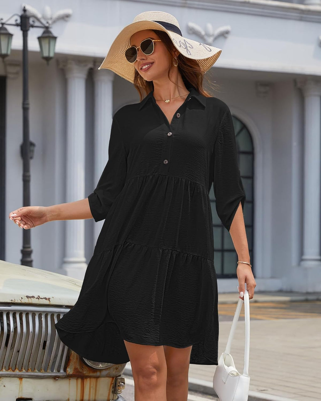 Sophie Abito Camicia Donna – Manches 3/4, Boutonnée, Linea a Trapezio, Balze Estate