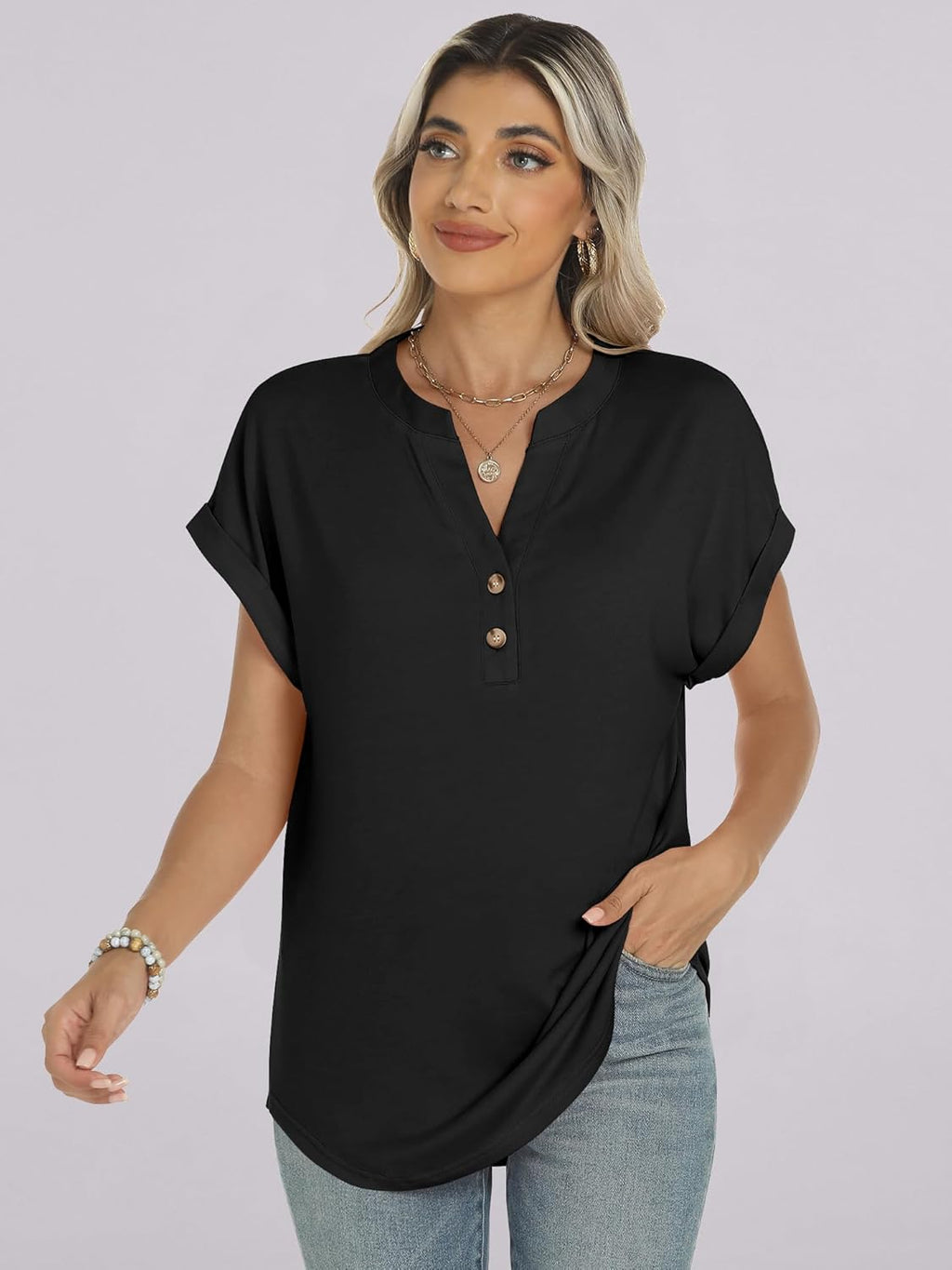 Manon Top Donna – Blusa Henley Scollo a V Boutonné, Linea Fluida Casual Chic Estate