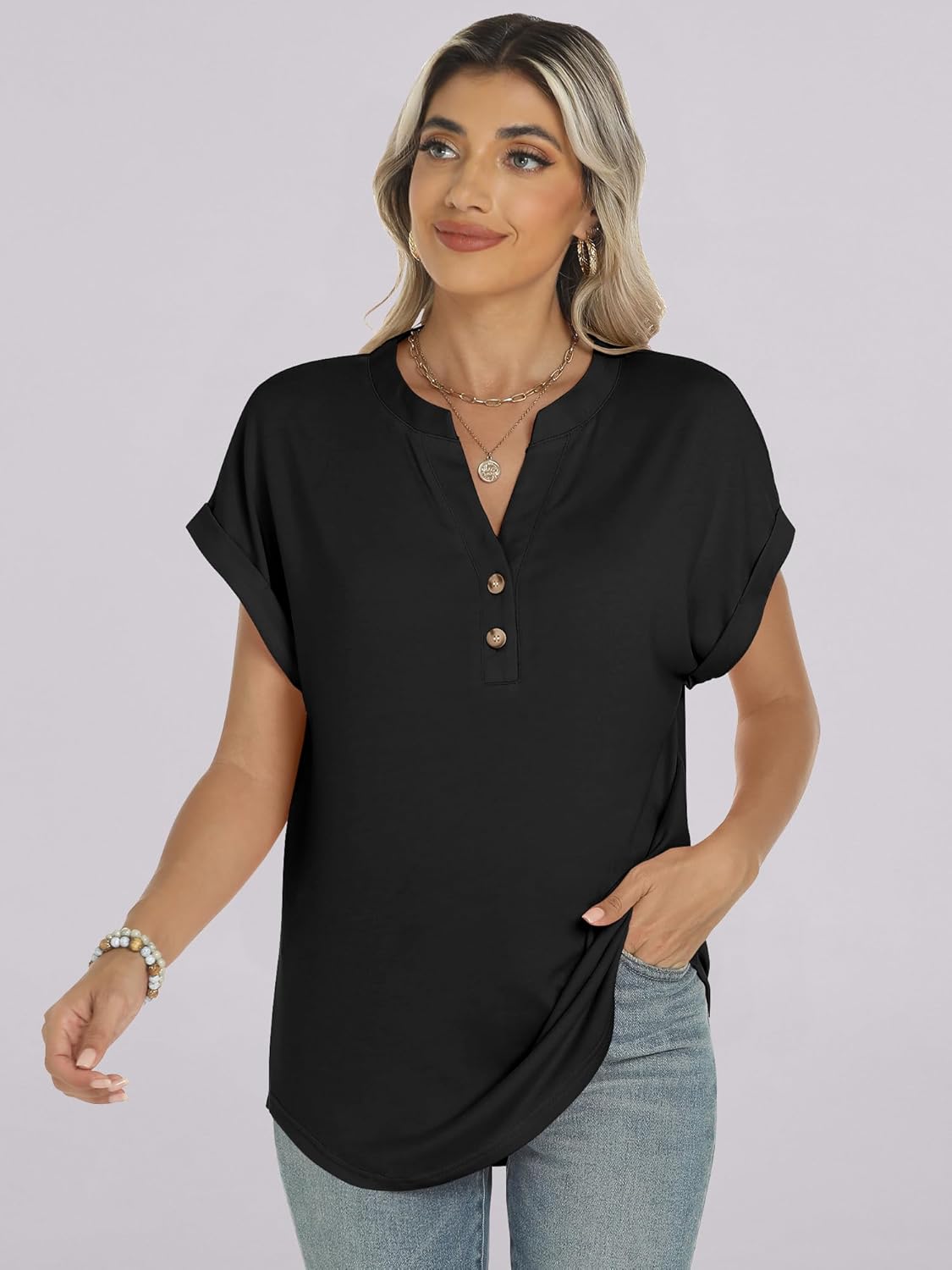 Manon Top Donna – Blusa Henley Scollo a V Boutonné, Linea Fluida Casual Chic Estate