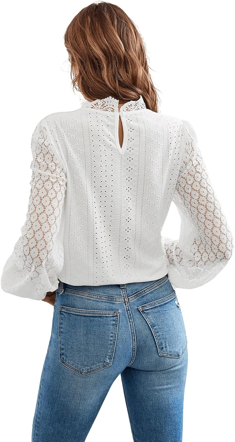 Norie Blusa Donna Pizzo – Col Montant, Manches Lanternes, Top Elegante