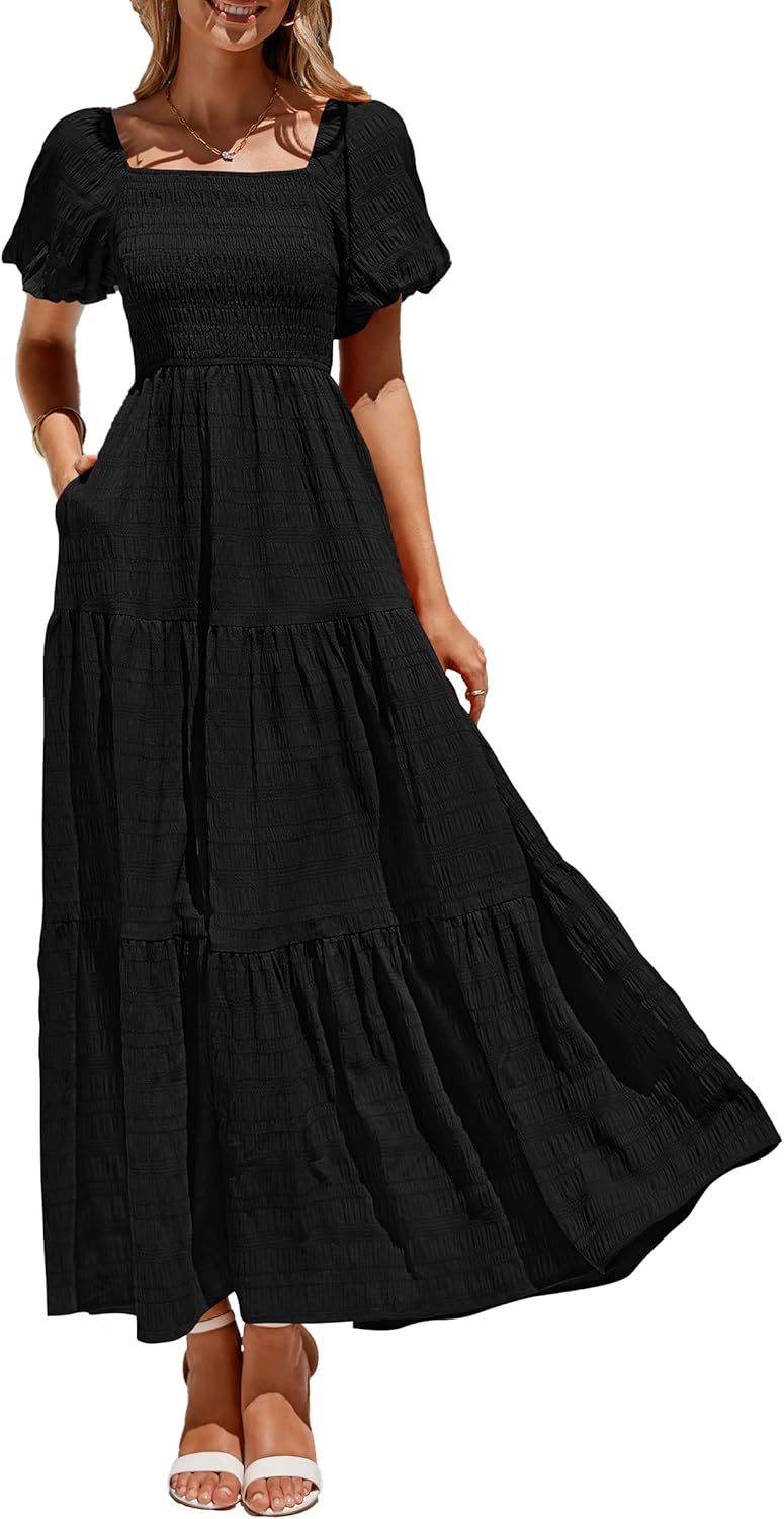 Reese Abito Maxi Donna Estate – Abito Scollo Quadrato Smockée, Manches Bouffantes & Balze Fluida