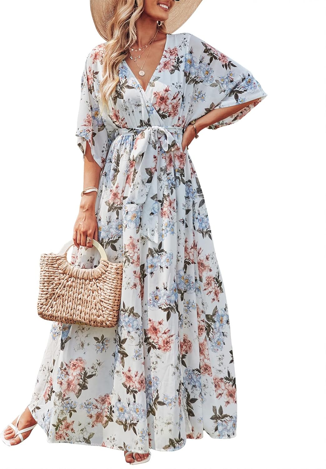 Rodelyn Abito Maxi Donna – Scollo a V Cache-Cœur, Manches 3/4 Kimono & Fente Elegante Bohémien