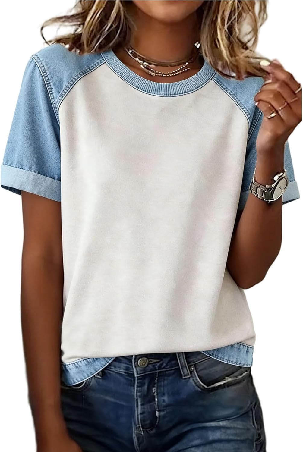Glaidel Blusa Donna Girocollo – T-Shirt Denim Leggero Linea Fluida Casual Elegante Estate