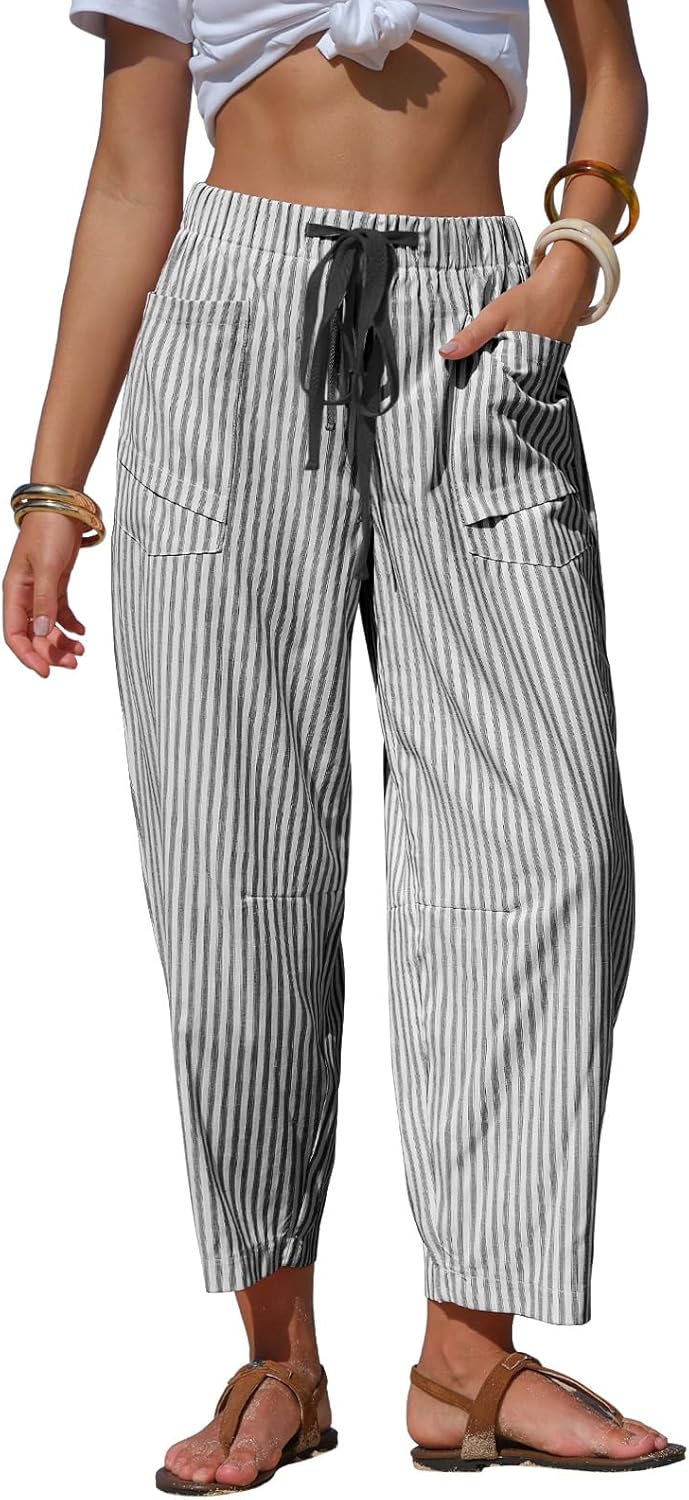 Laura Pantalone Donna Lin Rayé – Linea Large Capri, Vita Elastica, Leggero Estate