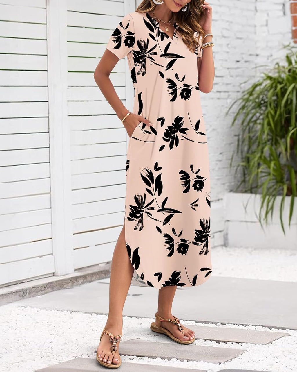 Laura Abito Maxi Donna Estate – Abito Longue Scollo a V con Fente, Maniche Corte & Tasche Confortevoli
