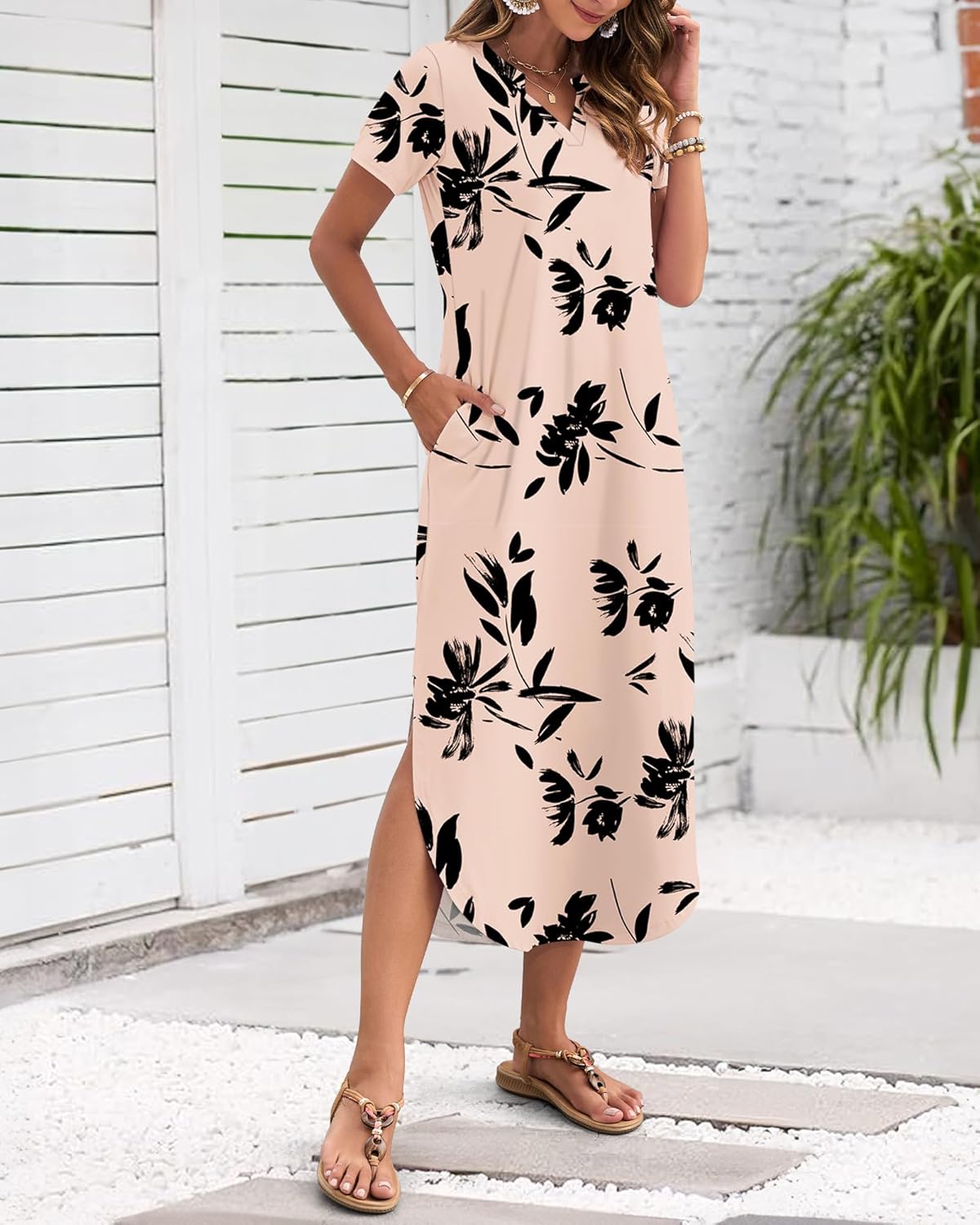 Laura Abito Maxi Donna Estate – Abito Longue Scollo a V con Fente, Maniche Corte & Tasche Confortevoli
