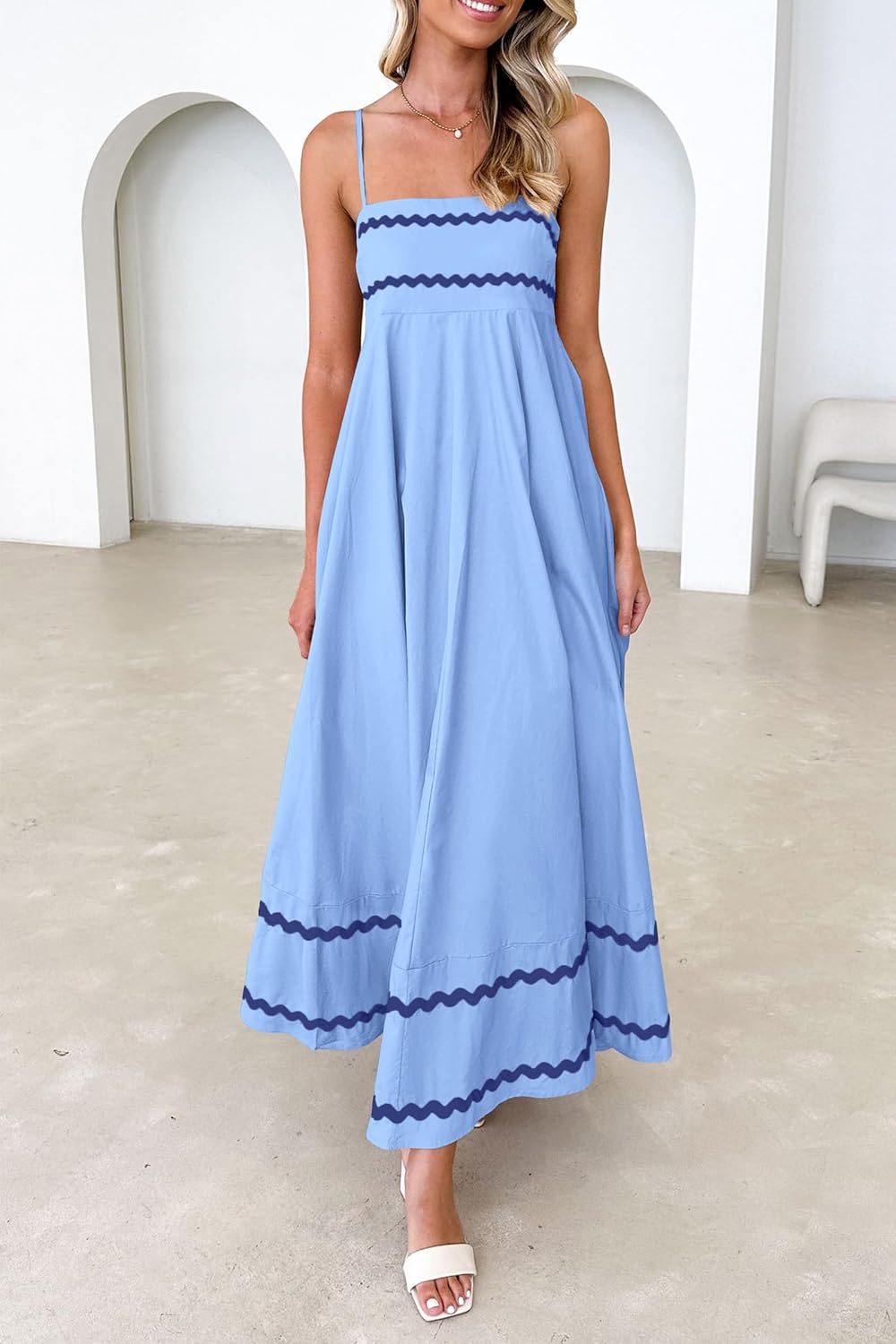 Luan Abito Maxi Donna Estate – Abito Longue Bretella Fines Scollo Quadrato, Balze & Linea Fluida