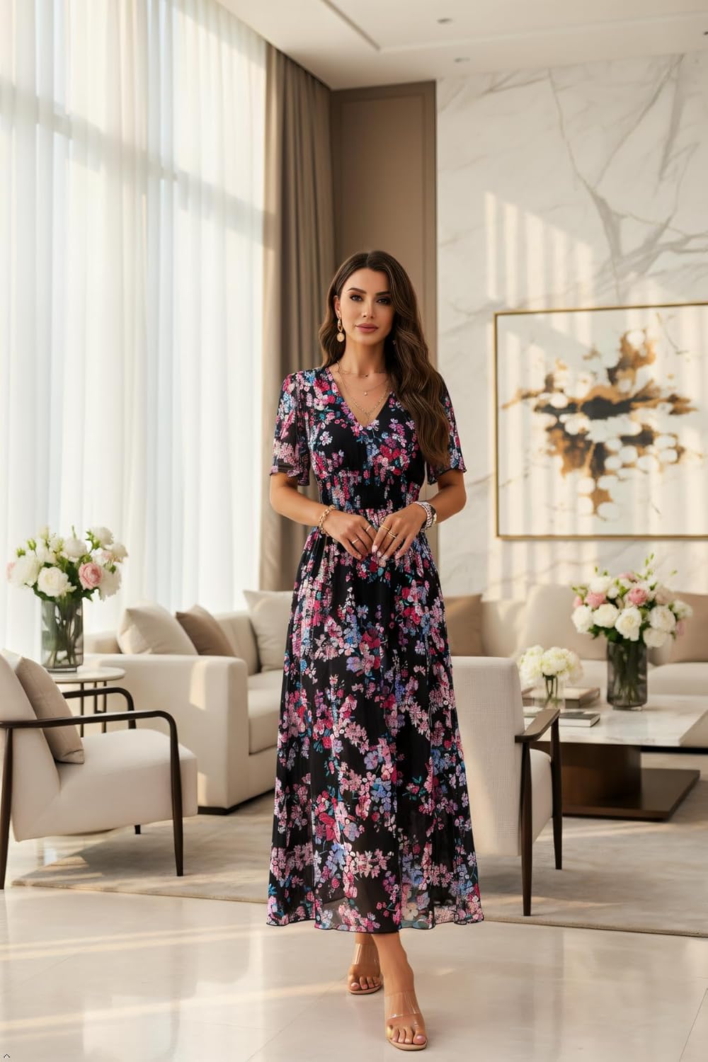 Jade Abito Donna Maxi a Fiori – Vita Alta, Scollo a V, Maniche Corte Bohémien Estate