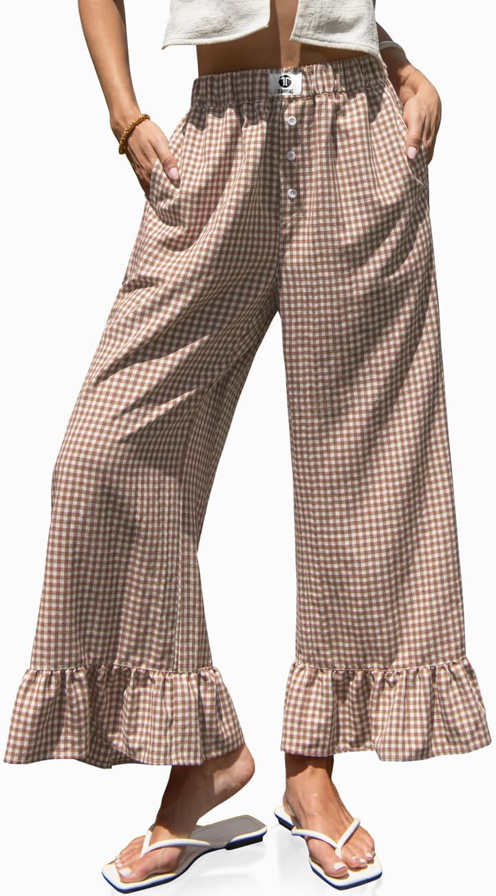 Kamil Pantalone Donna – Palazzo Carreaux Large Balze & Taille Cordon