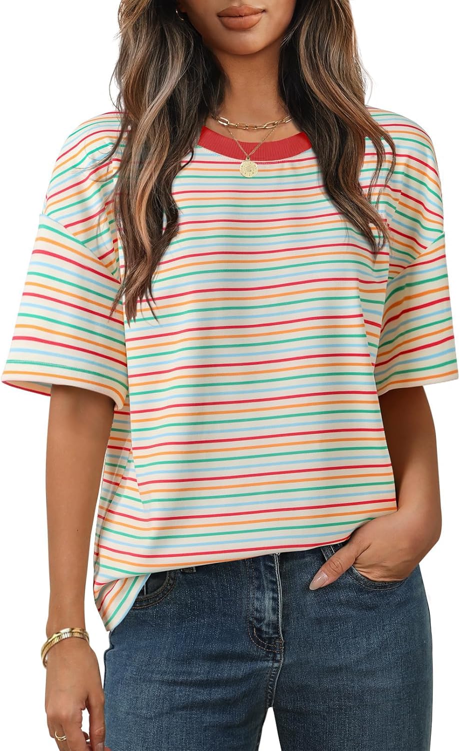 Léa T-Shirt Donna Oversize Rayé – Top Ampia Girocollo Maniche Corte Estate Chic