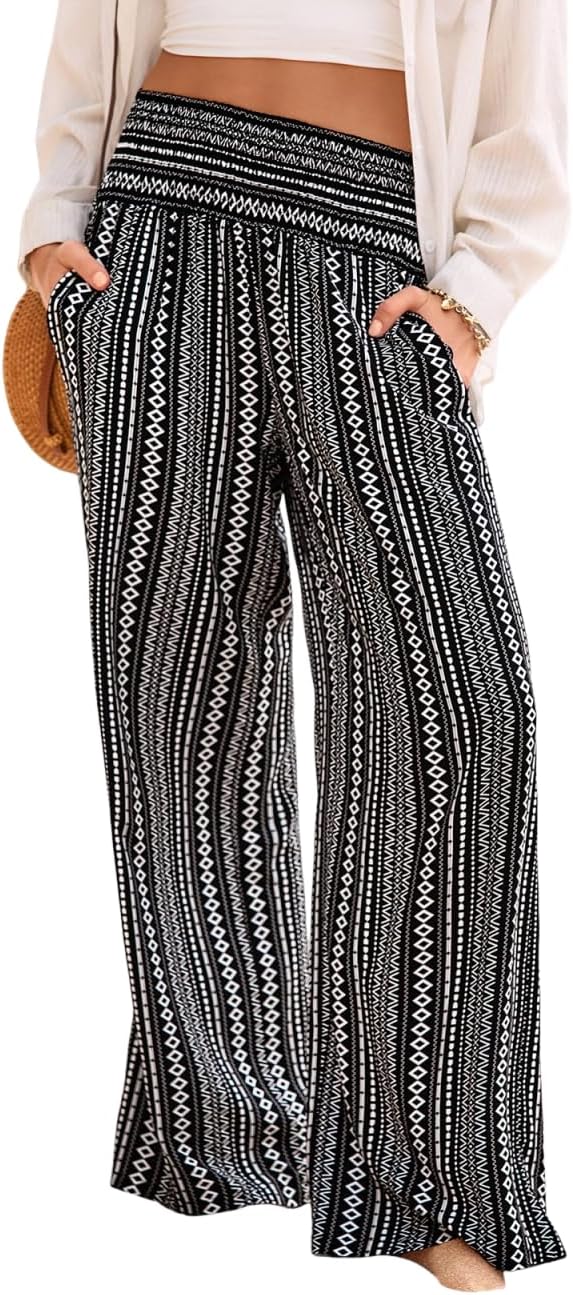 Lola Pantalone Donna – Palazzo a Fiori Taille Smockée Large & Tasche Estate