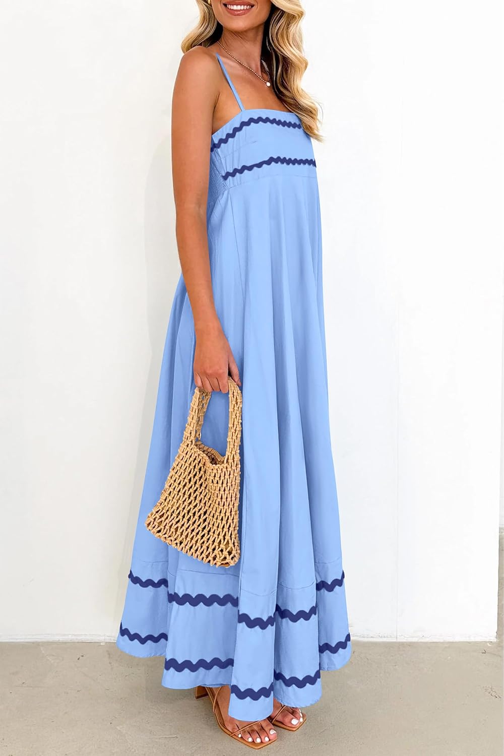 Luan Abito Maxi Donna Estate – Abito Longue Bretella Fines Scollo Quadrato, Balze & Linea Fluida