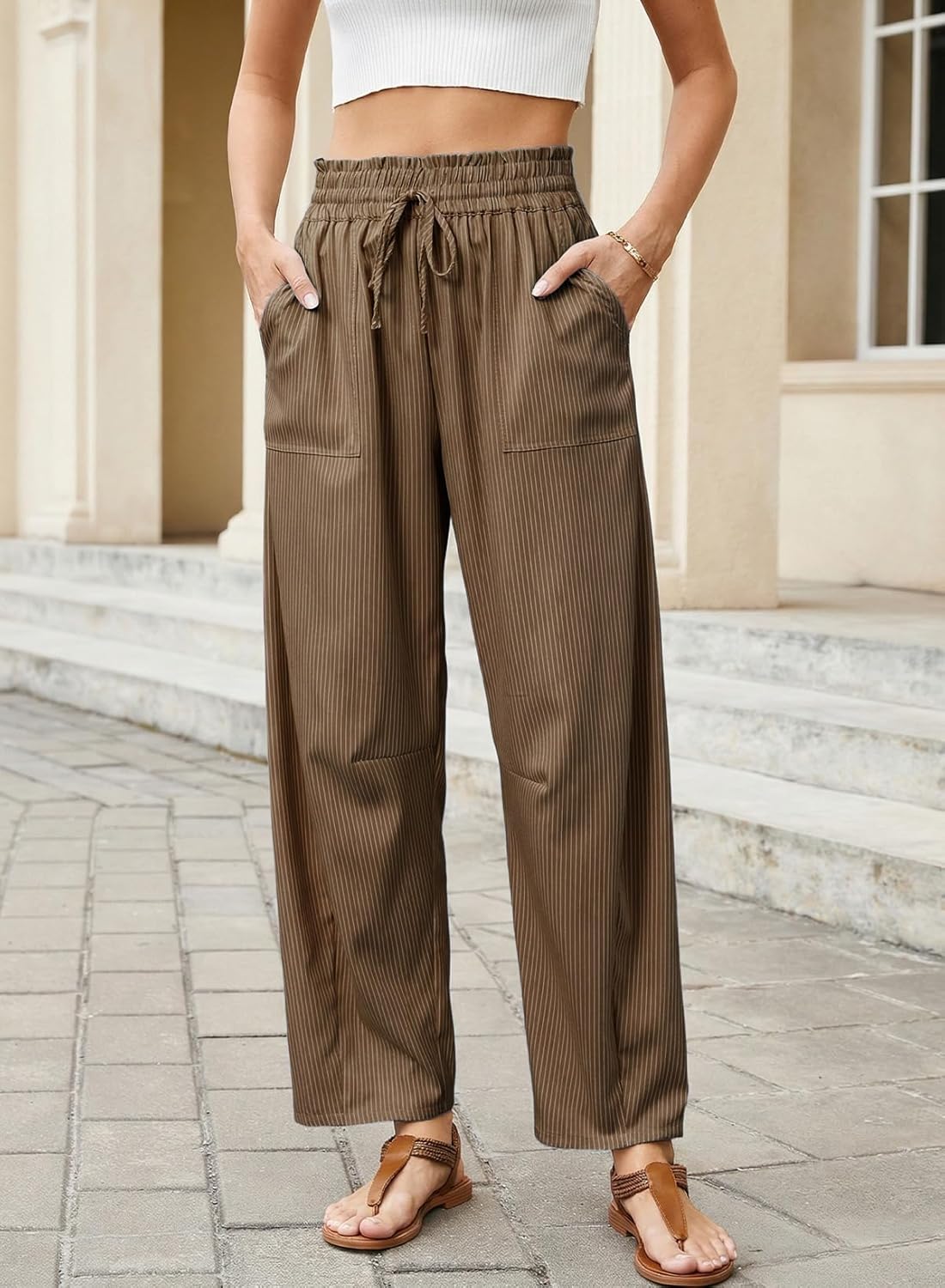 Inès Pantalone Donna – Pantalone Barrel Rayé Vita Alta & Cordon Estate