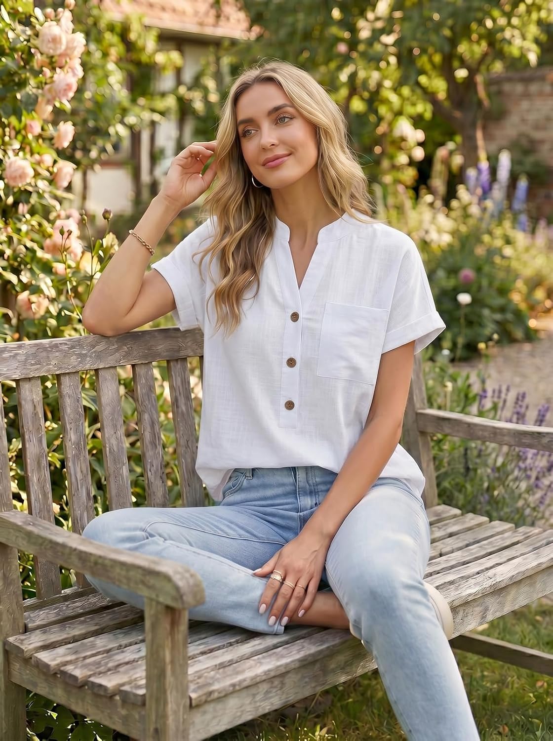 Sophie Blusa Donna Cotone – Top Scollo a V Henley Maniche Corte Elegante Estate