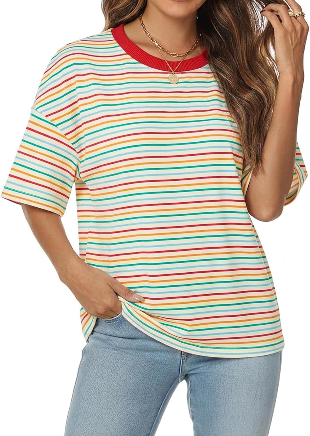 Léa T-Shirt Donna Oversize Rayé – Top Ampia Girocollo Maniche Corte Estate Chic