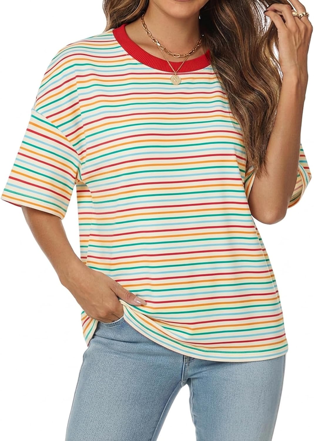 Léa T-Shirt Donna Oversize Rayé – Top Ampia Girocollo Maniche Corte Estate Chic