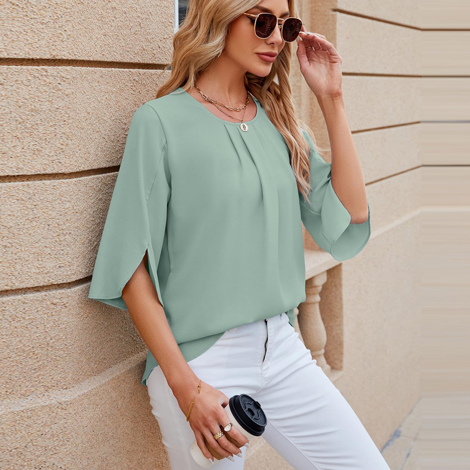 Soraya Blusa Donna Chic – Top Chiffon Fluida Manches 3/4 Elegante Estate Printemps