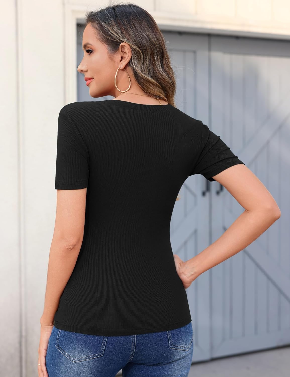 Sherry T-Shirt Donna Scollo a V – Linea Slim Côtelée Stretch, Maniche Corte Estate