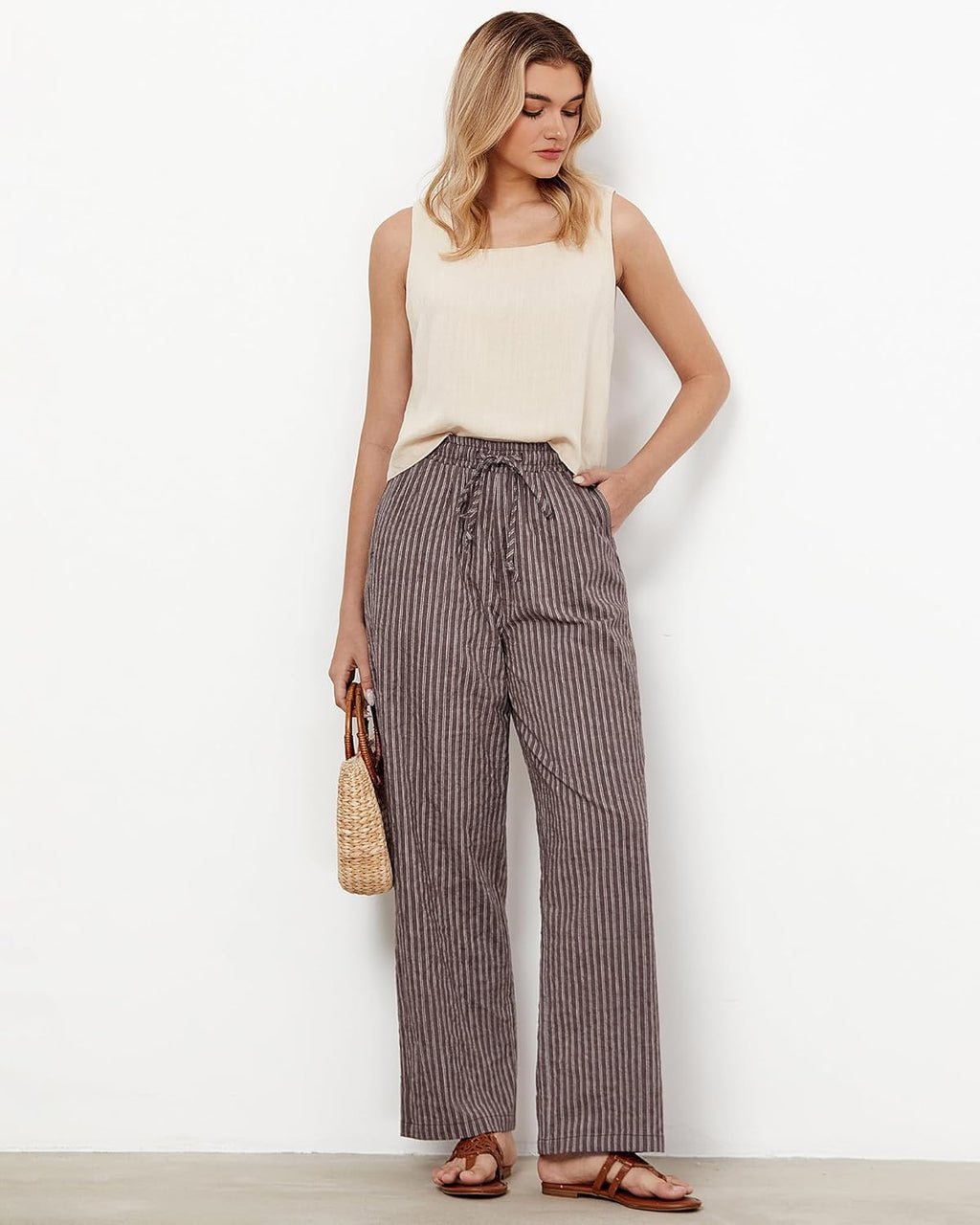 Julie Pantalone Donna Rayé Lin – Linea Large, Vita Alta Elastica Estate Chic