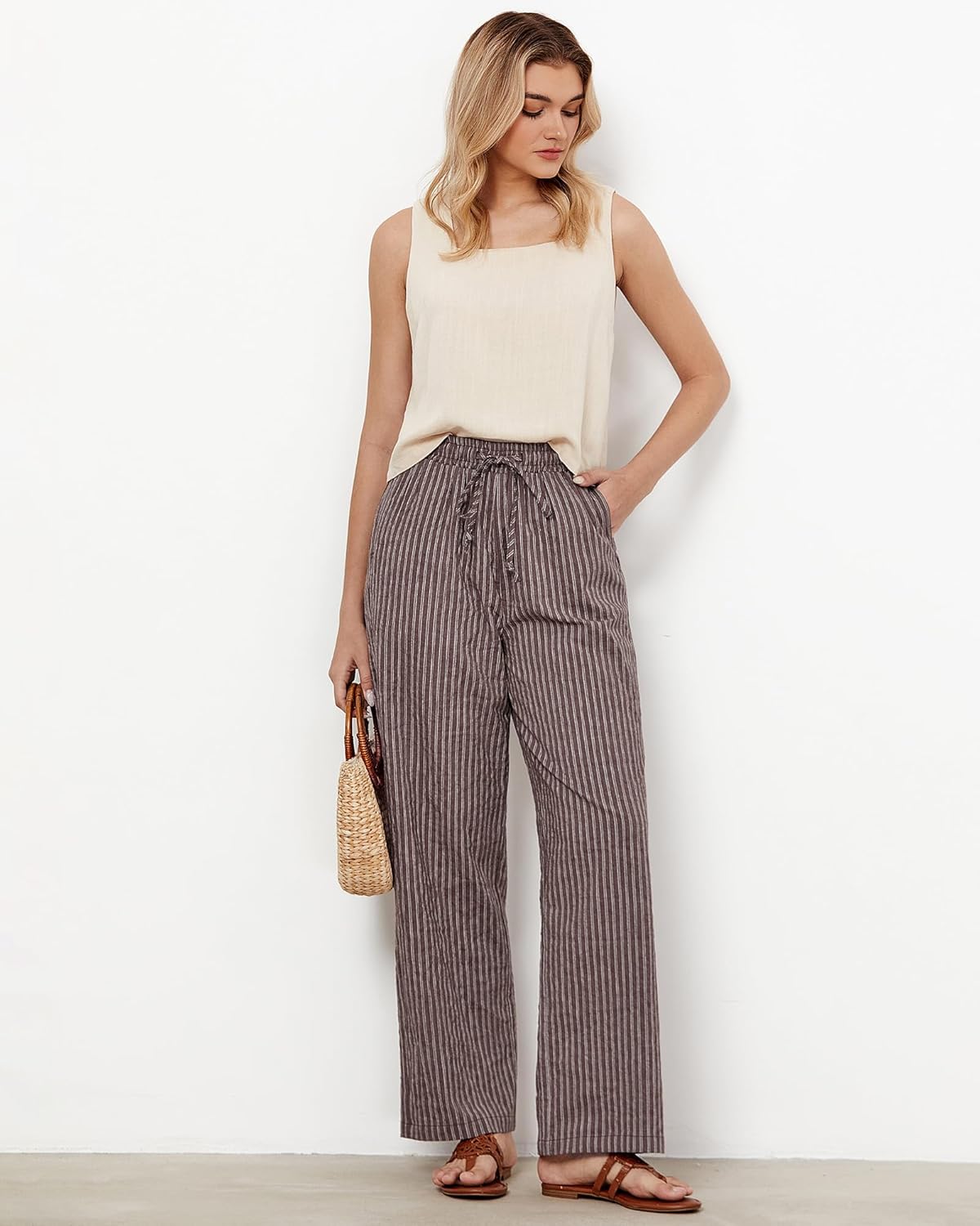 Julie Pantalone Donna Rayé Lin – Linea Large, Vita Alta Elastica Estate Chic