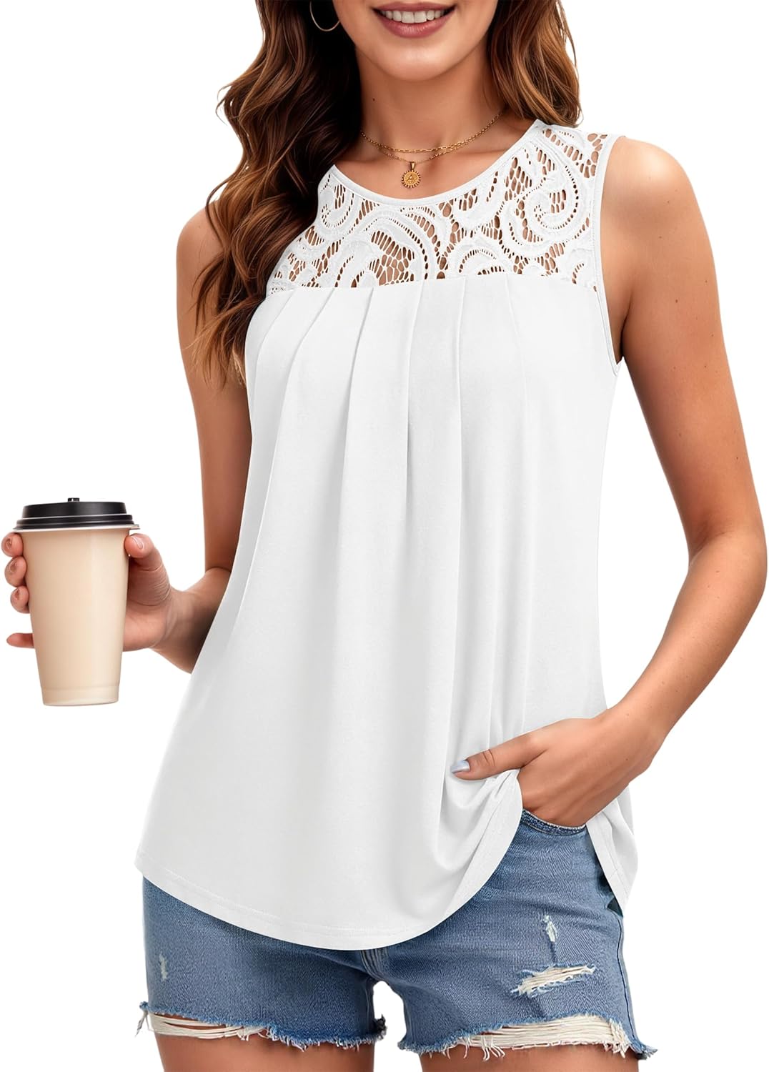 Léa Top Donna Pizzo – Débardeur Long Girocollo Linea Fluida Elegante Estate