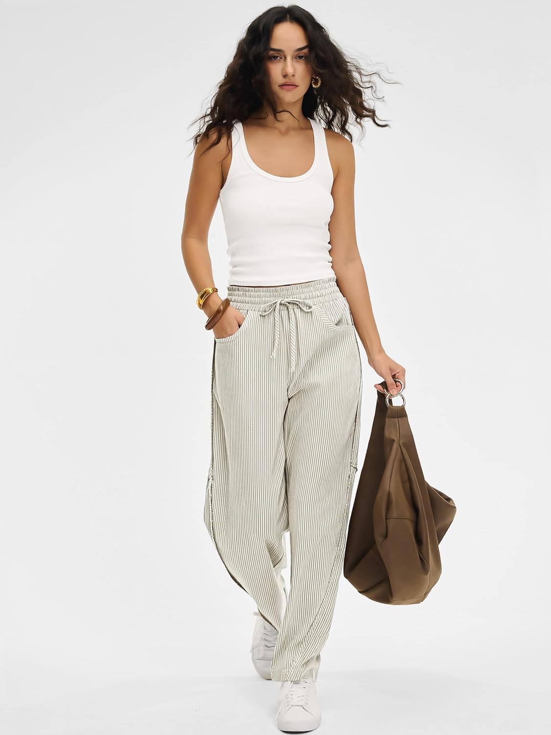 Kim Pantalone Donna Rayé Barrel – Linea Large, Vita Elastica, Style Casual