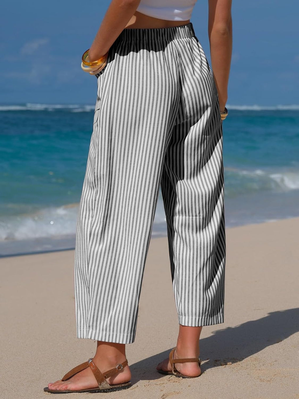 Léna Pantalone Donna – Capri Rayé Effet Lin Vita Elastica & Tasche