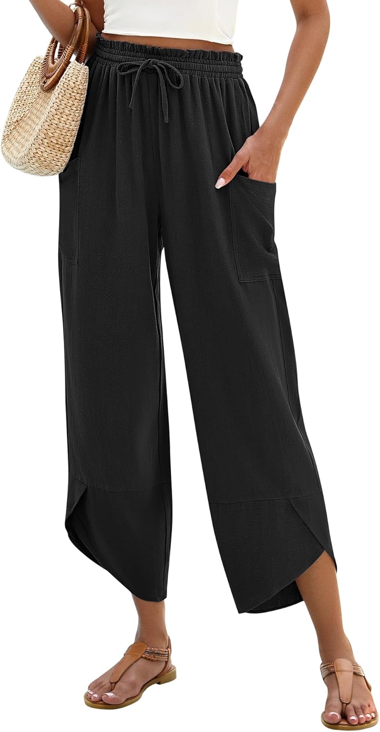 Jade Pantalone Donna – Capri Palazzo Lin Bohémien Large Vita Elastica & Tasche