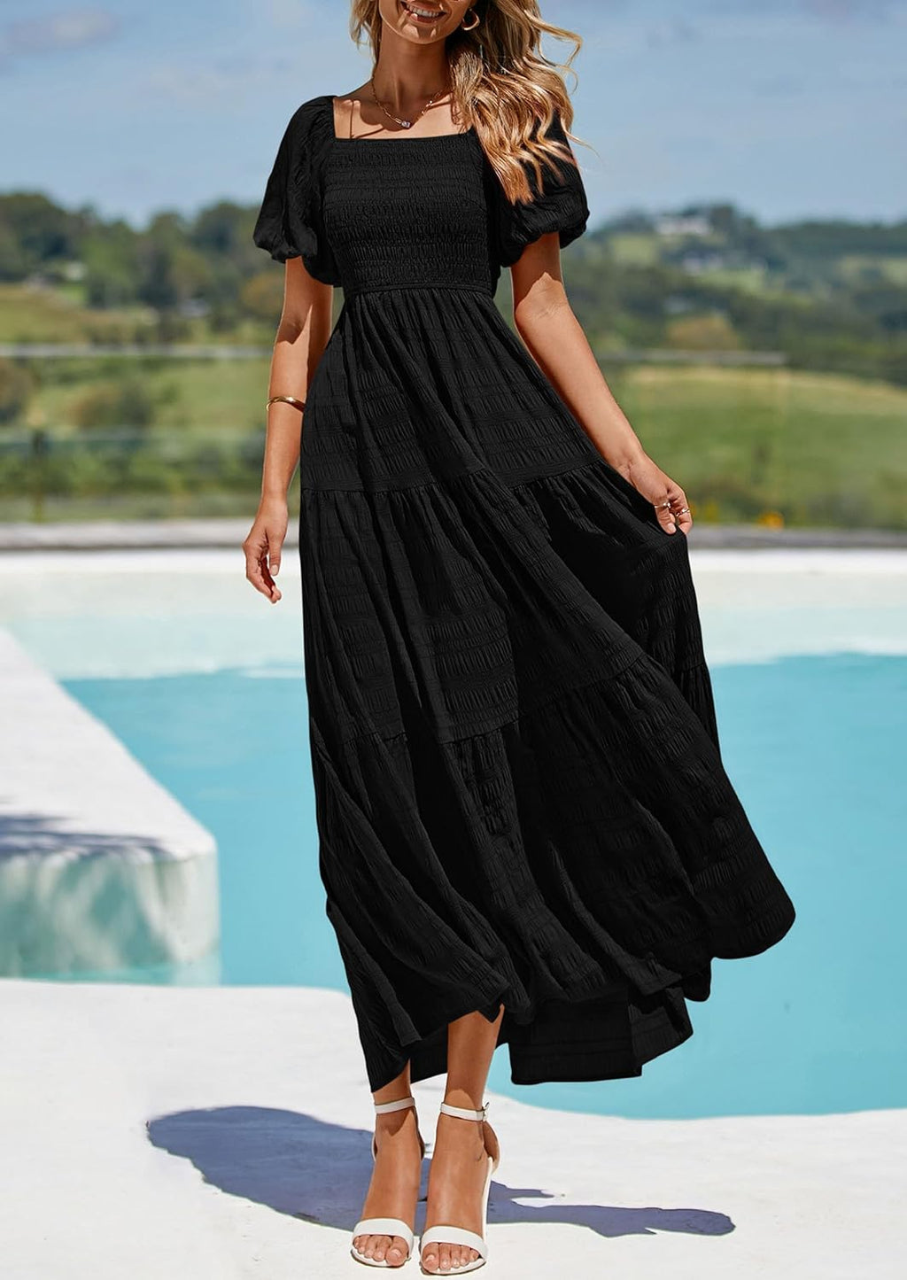 Reese Abito Maxi Donna Estate – Abito Scollo Quadrato Smockée, Manches Bouffantes & Balze Fluida