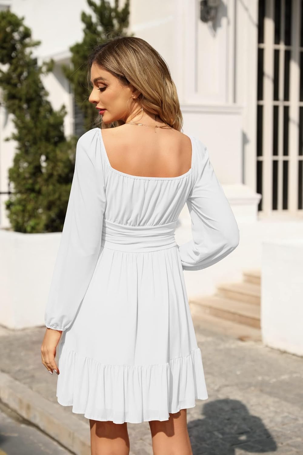 Lina Abito Donna Mini – Scollo Quadrato/Épaules Dénudées, Manches Bouffantes, Vita Alta