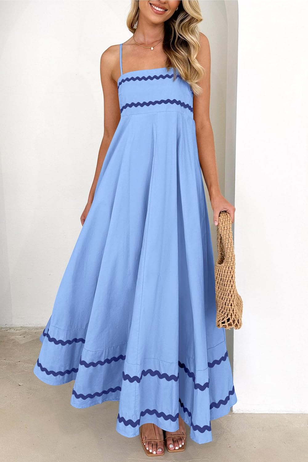 Luan Abito Maxi Donna Estate – Abito Longue Bretella Fines Scollo Quadrato, Balze & Linea Fluida