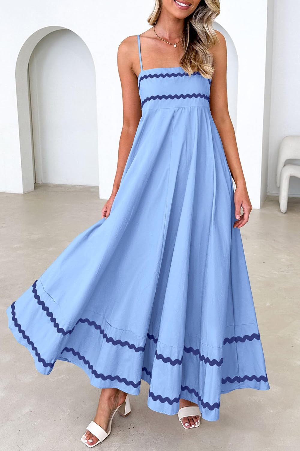 Luan Abito Maxi Donna Estate – Abito Longue Bretella Fines Scollo Quadrato, Balze & Linea Fluida