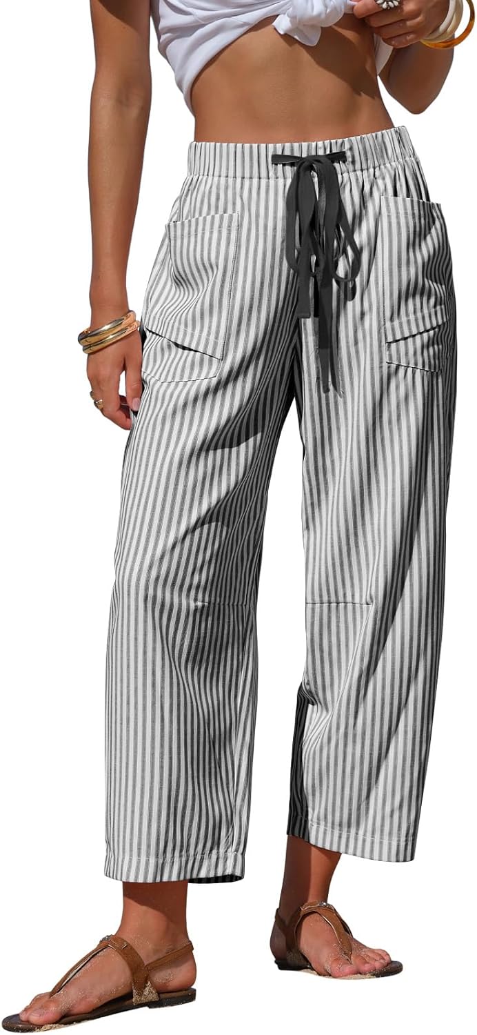 Léna Pantalone Donna – Capri Rayé Effet Lin Vita Elastica & Tasche