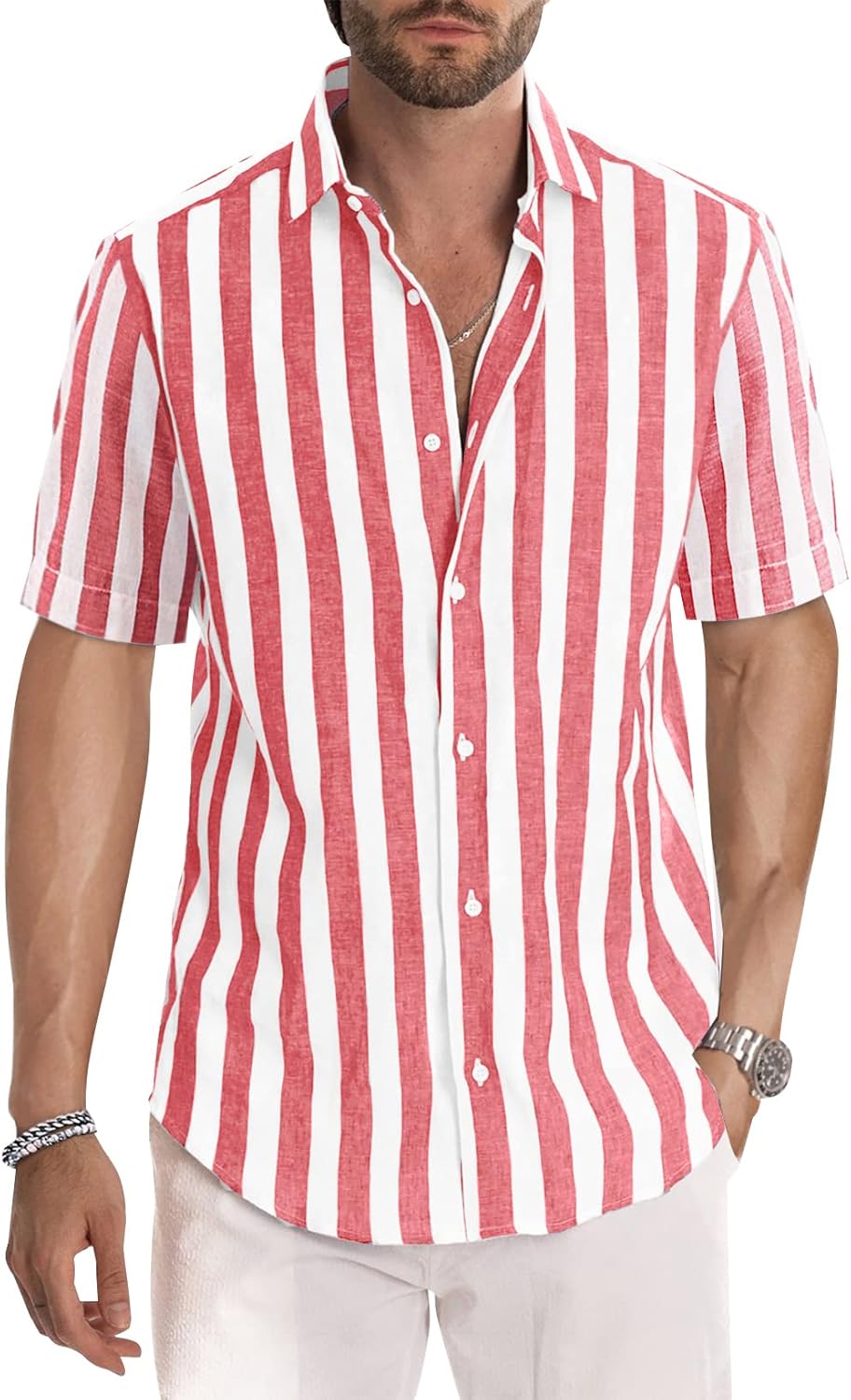 Josh Camicia Uomo – Camicia Rayée Maniche Corte, Style Estate Casual Chic