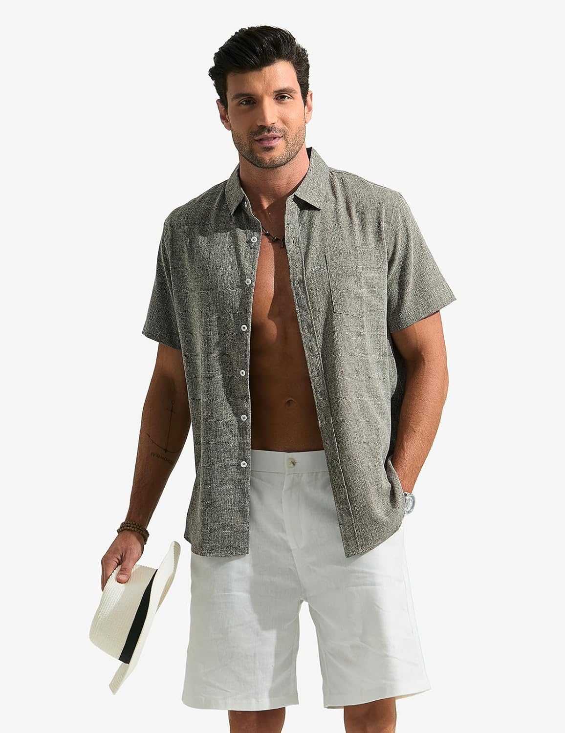 Léo Camicia Uomo – Camicia Lin Maniche Corte, Respirante & Style Estate Casual