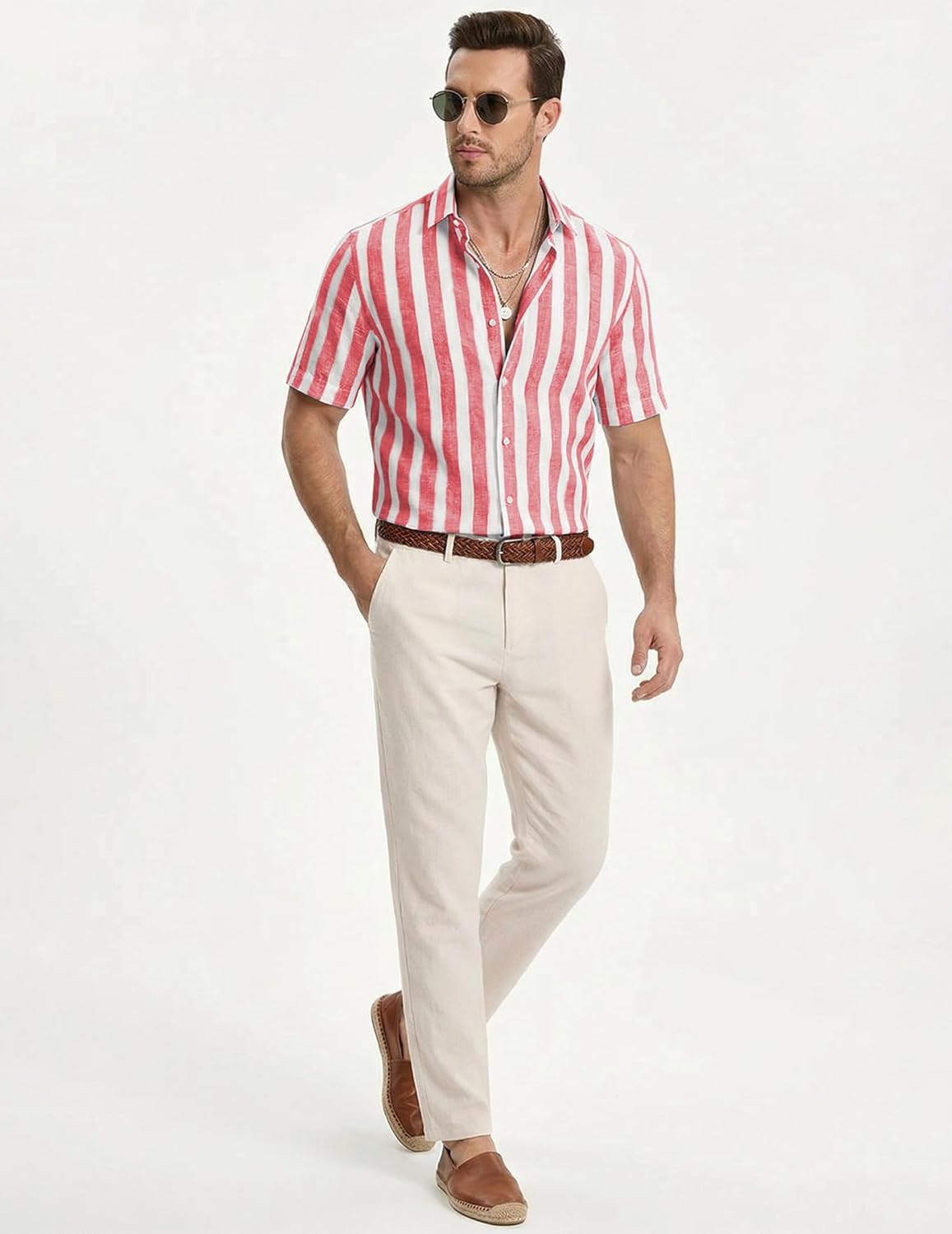 Julien Camicia Uomo – Camicia Rayée Maniche Corte, Style Estate Casual Chic