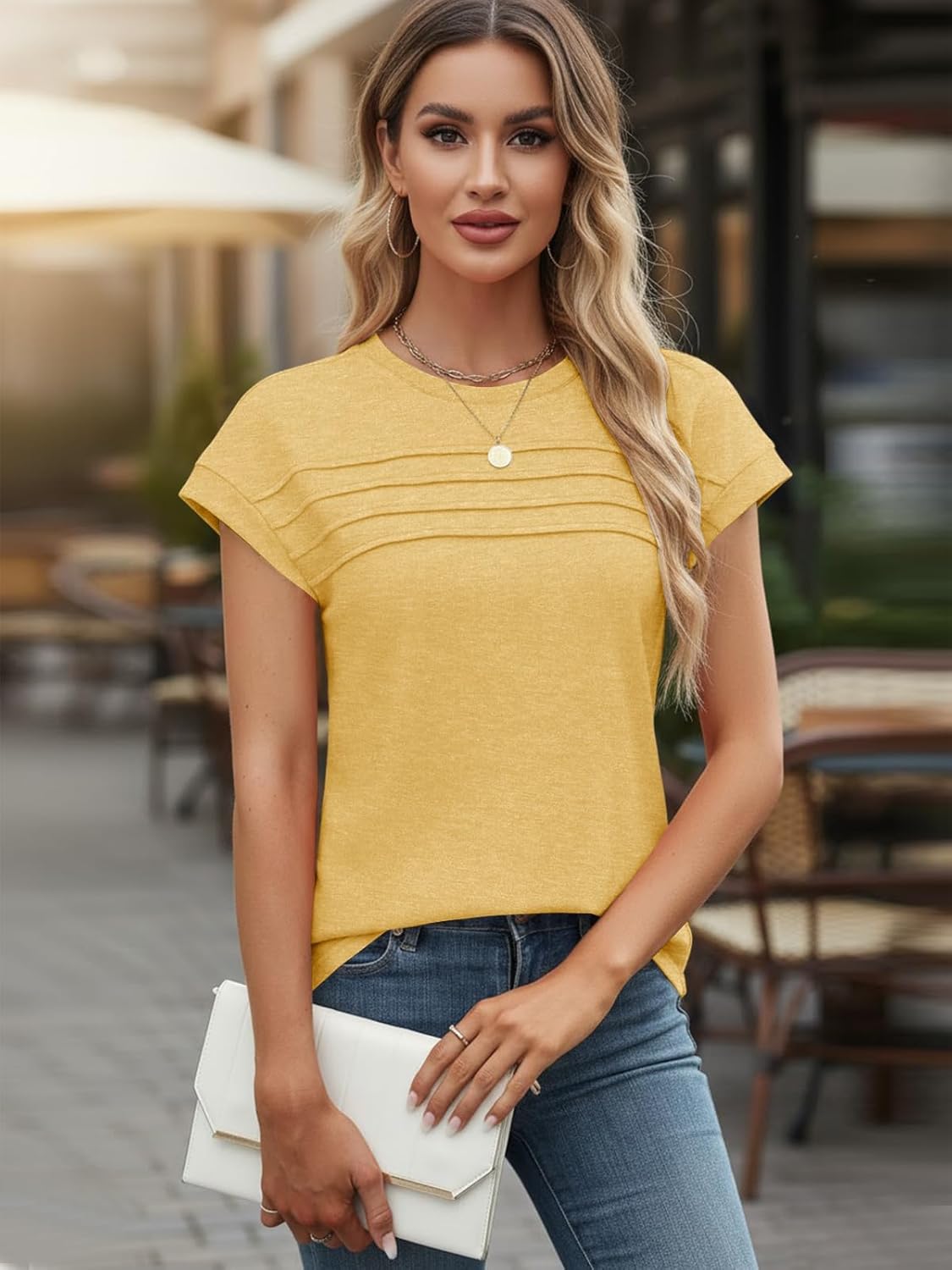 Loinia T-Shirt Donna Girocollo – Plissettato Elegante, Maniche Corte, Linea Fluida Estate